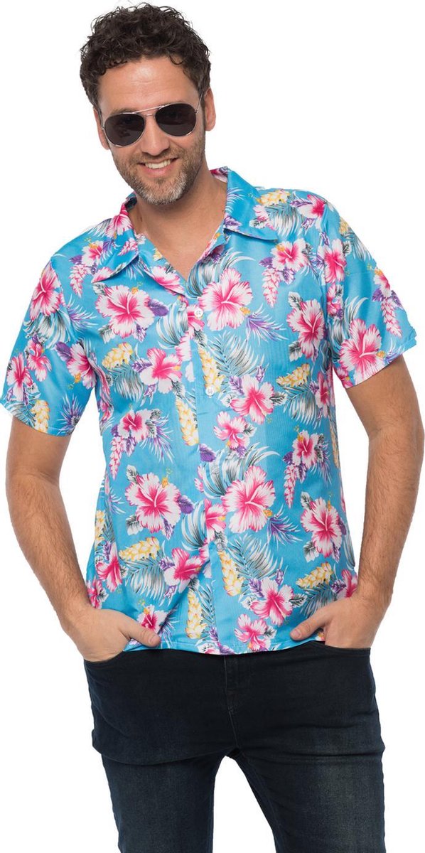Luxe Hawaii Blouse Heren | Maat L | Blauw | Carnaval | Verkleedkleding | Caribbean| Tropisch |Hawaii Shirt Heren |Overhemd